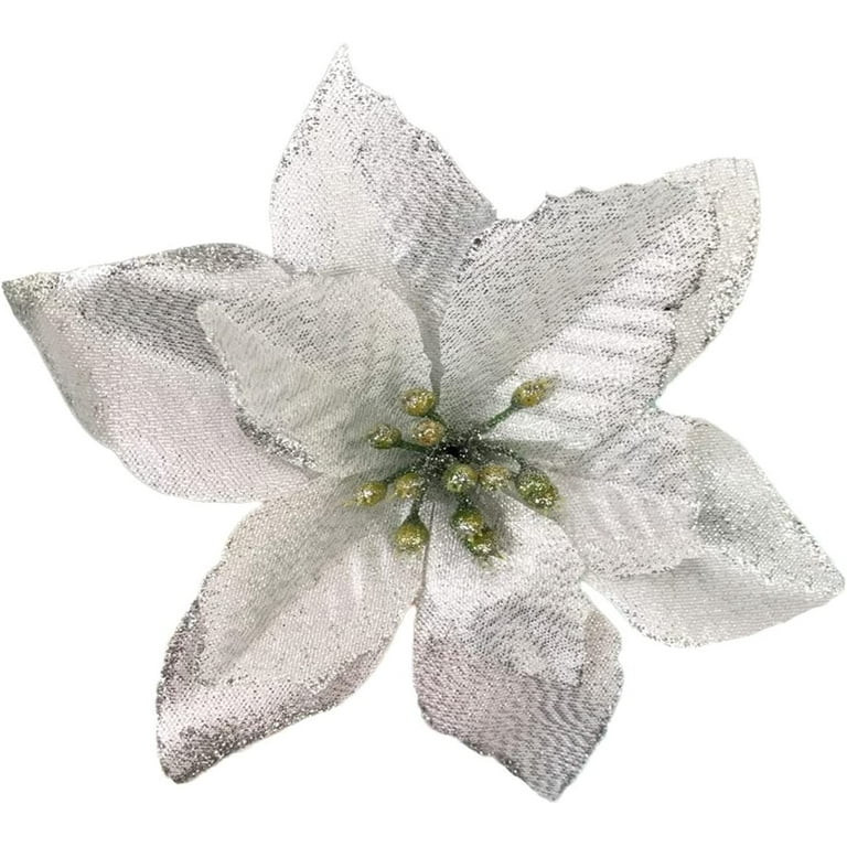 12 Pack Silver Xmas Glitter Poinsettia 5.1 inch Artificial Flowers Christmas Tree Ornaments | Walmart (US)