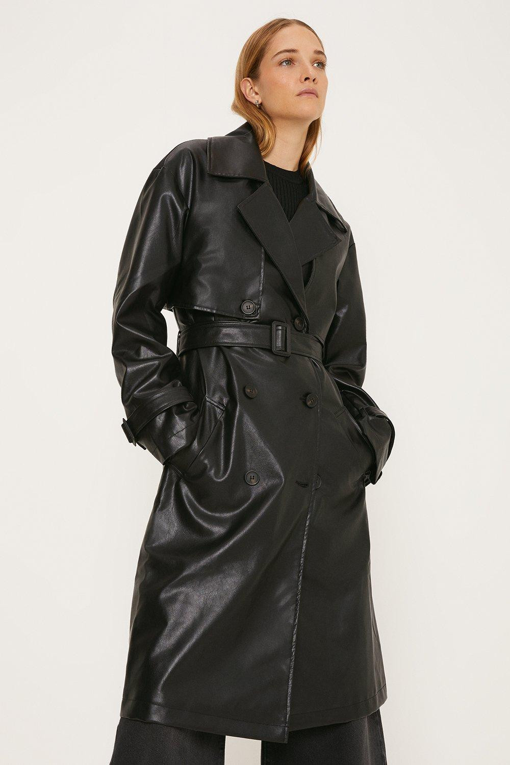 Jackets & Coats | Black Longline Faux Leather Trench Coat | Oasis | Oasis UK & IE