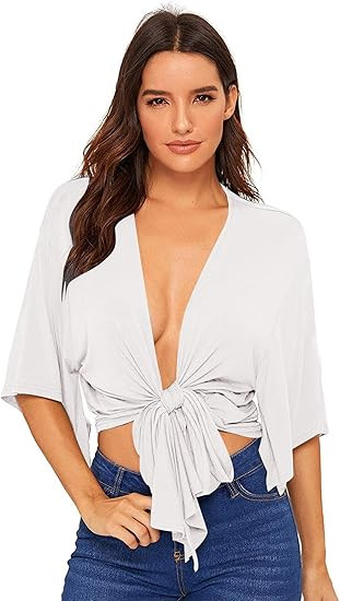 WDIRARA Women's Short Sleeve Deep V Neck Tie Front Basic Solid Crop Top | Amazon (US)