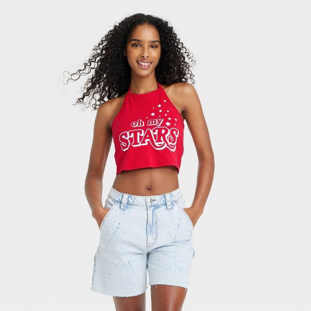 Women's Oh My Stars Sleeveless Graphic Halter Cropped Top - Red | Target