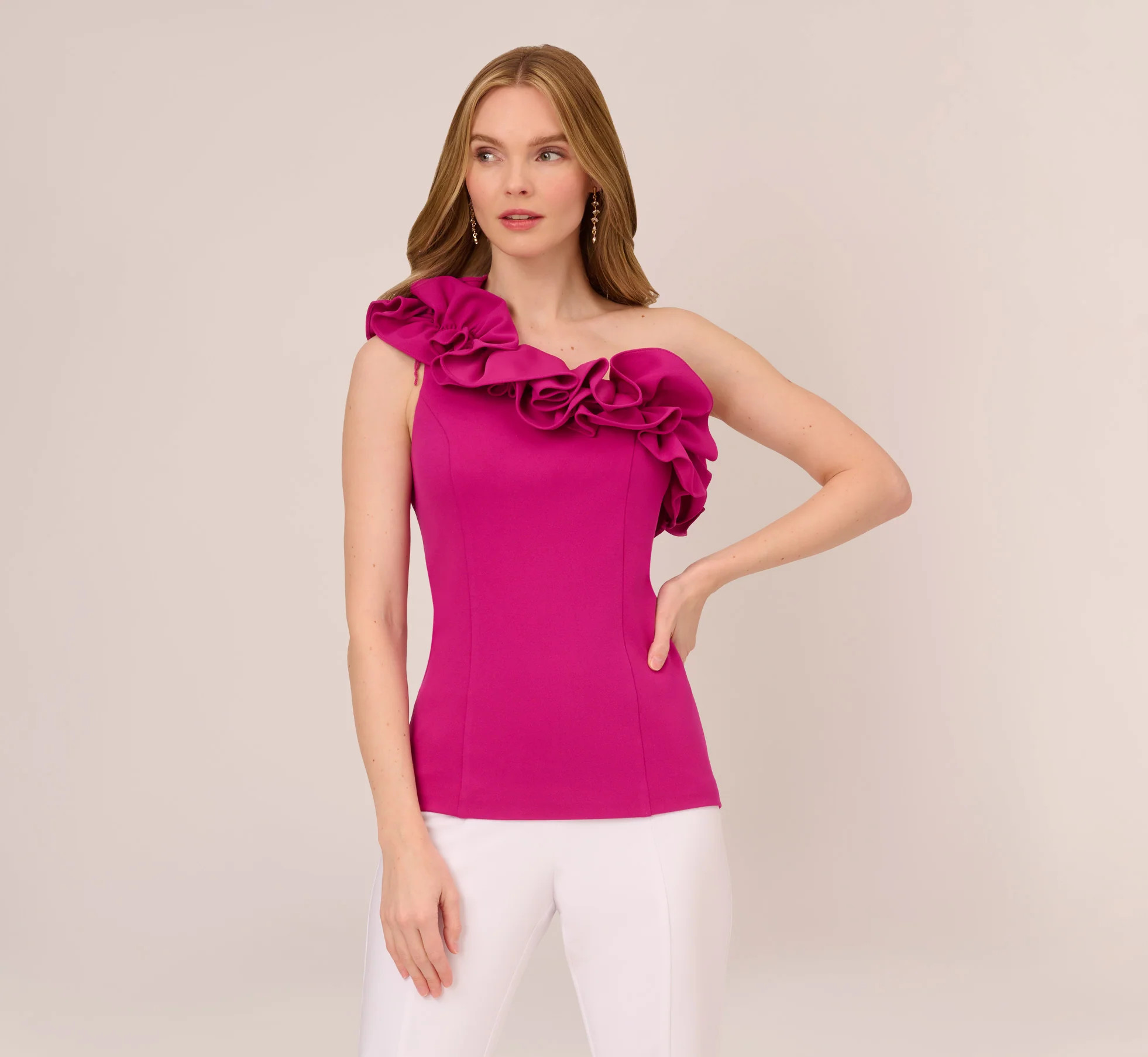 One Shoulder Crepe Top With Ruffled Details In Brilliant Fuchsia | Adrianna Papell