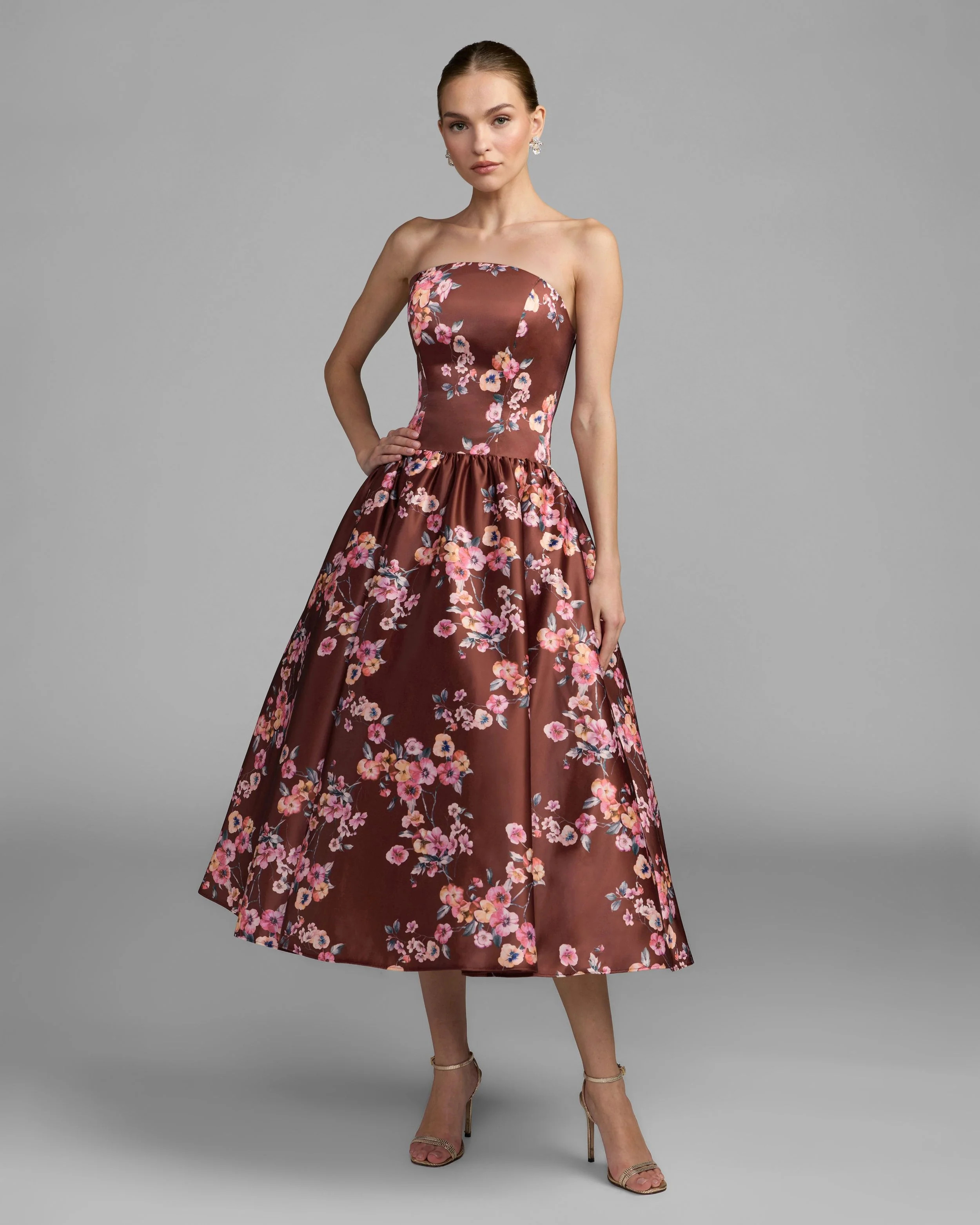 Burgundy Floral Print Strapless A-Line Midi Dress | Mac Duggal | Mac Duggal