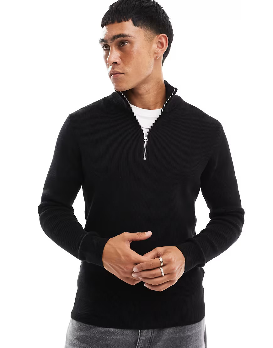 ONLY & SONS ribbed half zip sweater in black | ASOS (Global)