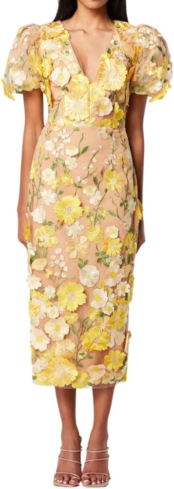 Women's 3D Floral Embroidery Dress Ruffle Sleeve Fishtail Lace Bodycon Party Cocktail Mini Dress | Amazon (US)