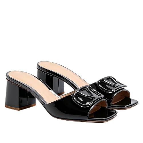 CarolieRossi Women's Patent Leather Square Toe Block Heel Mule Sandals - V-Buckle Decor Slip-On Heeled Slides - Elegant Summer Dress Shoes for Office Party Vacation Black Size 9 | Amazon (US)