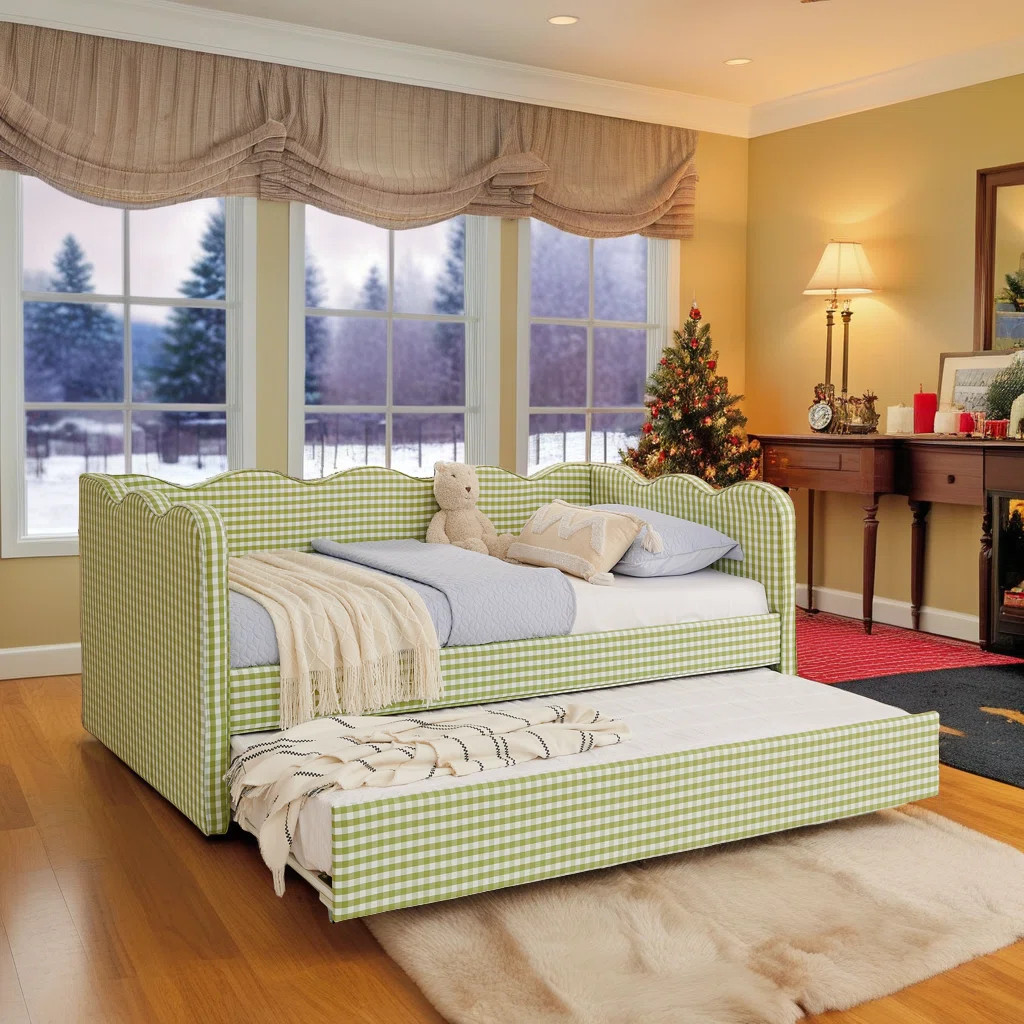 76" Twin Gingham Daybed with Trundle – Linen Sofa Bed with USB Port (300 lb Capacity, Wave Desi... | Wayfair North America