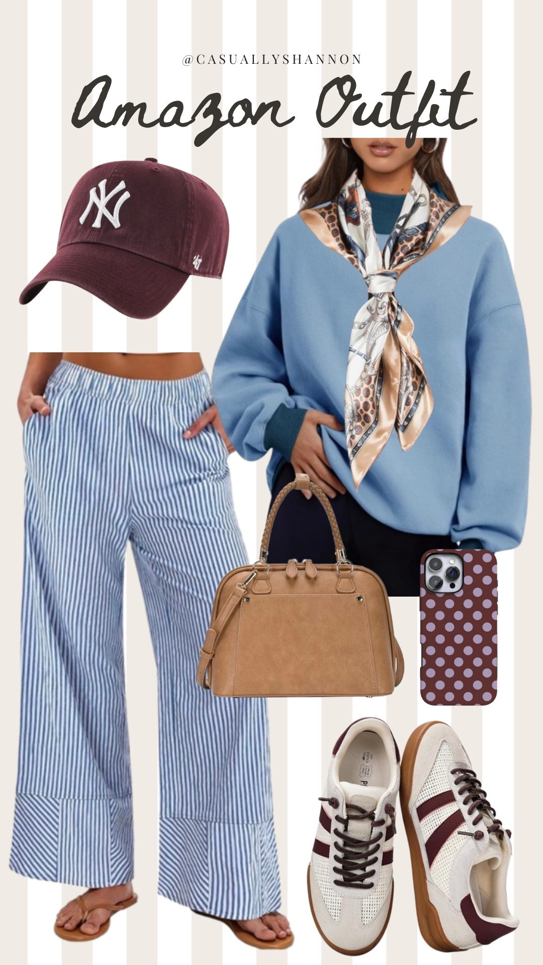 Spring outfit inspo | comfy and stylish pieces | cozy sweatshirt with striped pants | classic sneaker and baseball cap | vegan leather satchel | polka dot iPhone case | silk scarf for around head or over shoulders | trendy it girl outfit inspo | #LTKOver30 | #LTKFavPicks | #LTKItGirlStyle