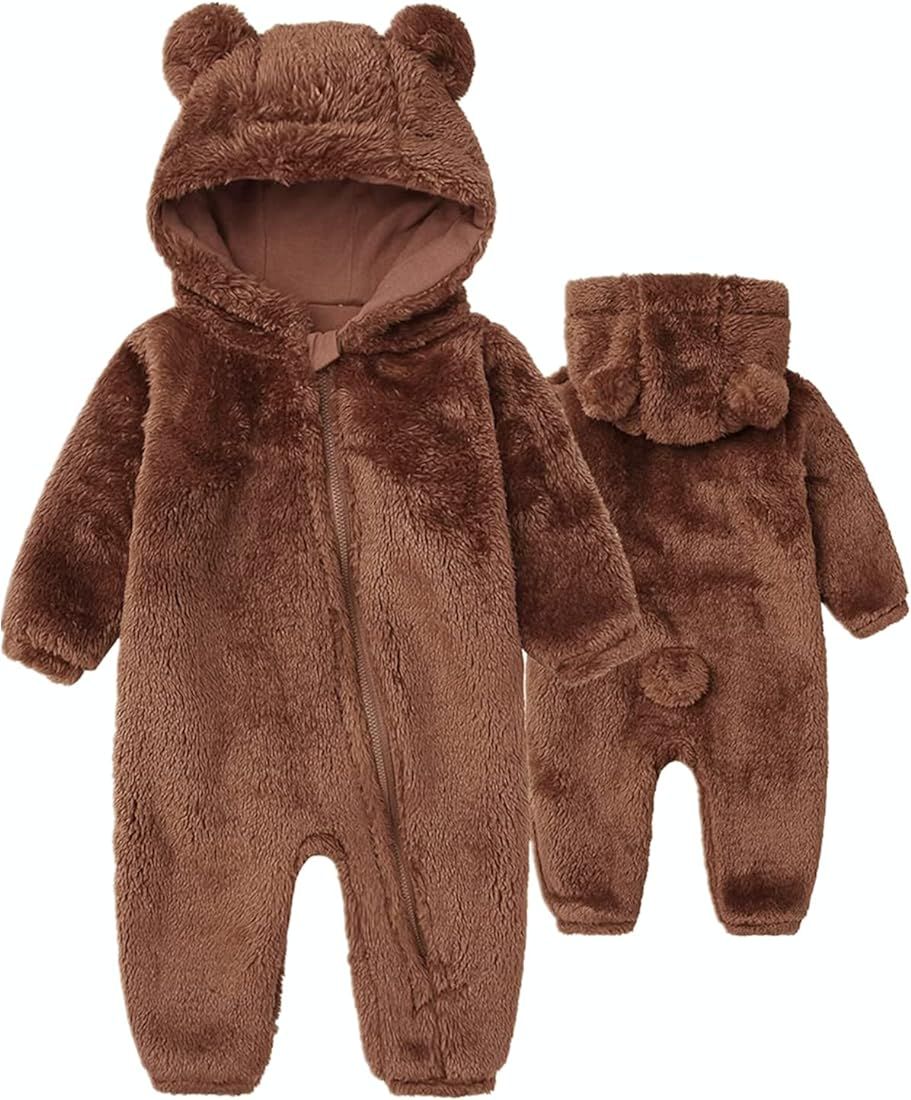 CHAOJIESI Baby Snowsuit Bear Ear Hooded Jumpsuit Fleece Romper Zipper Winter Coat Outfits | Amazon (US)