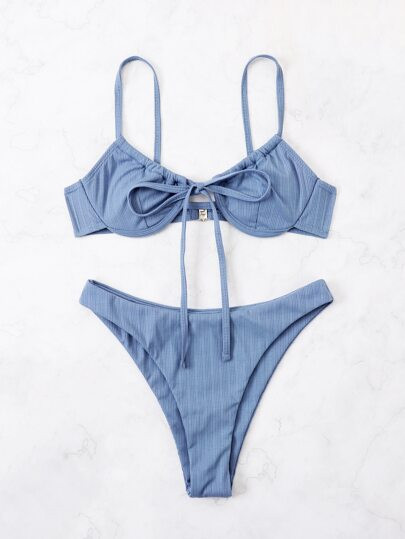 Rib Tie Front Underwire Bikini Swimsuit | SHEIN