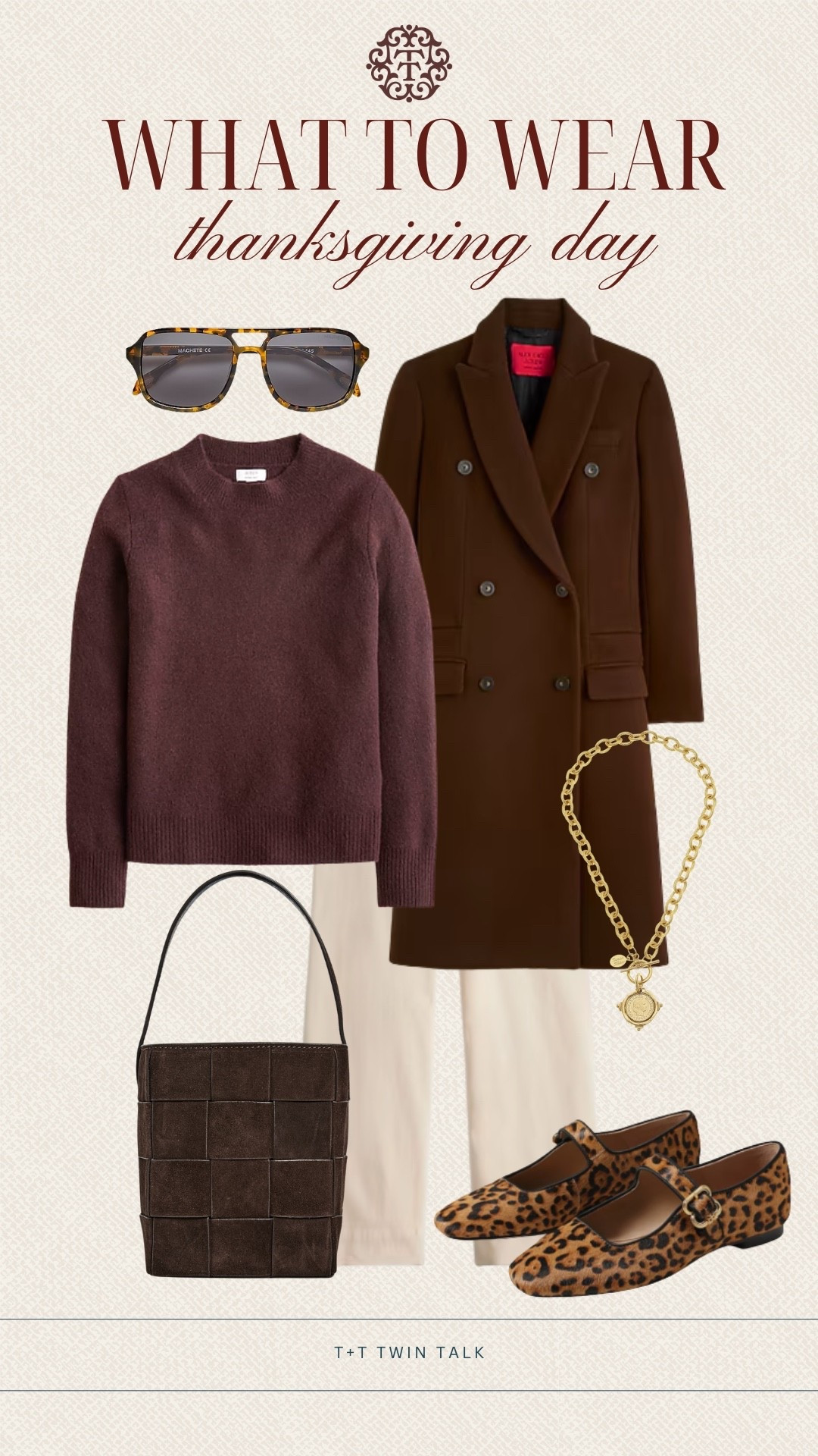 T+T, what to wear! Thanksgiving is right around the corner and we wanted to give you some outfit inspiration! A pair of cream corduroy pants with a long sleeve sweater layered underneath a brown J.Crew coat. We accessorized with a brown woven bag, cheetah print Mary Jane flats, and tortoise sunglasses.  

#LTKShoeCrush #LTKItBag #LTKStyleTip