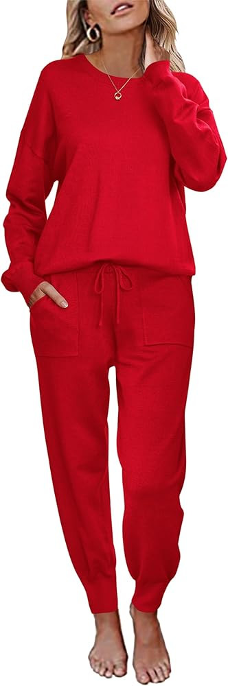 Ekouaer Women's 2 Piece Lounge Set Long Sleeve Knit Pajamas Sweatsuit Jogger Pant Outfits With Po... | Amazon (US)