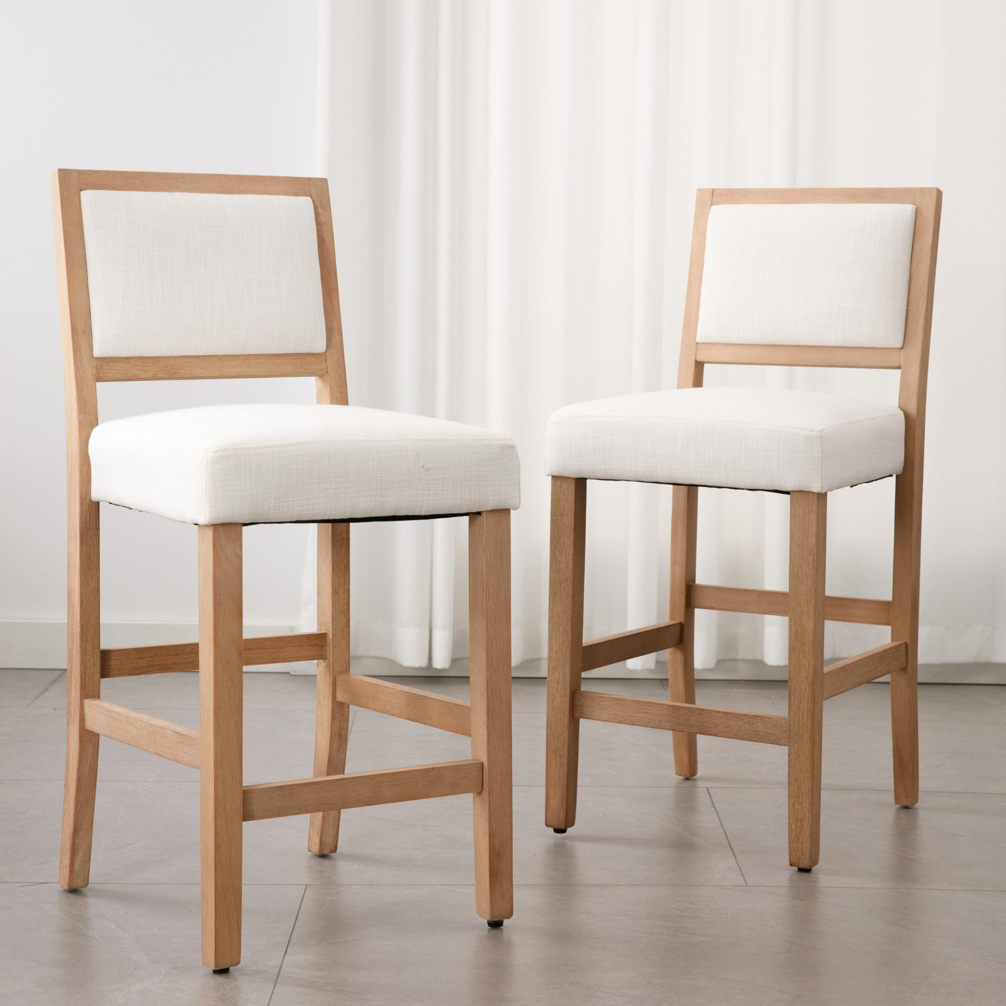 Beige Bar Stools Set of 2, 26" Farmhouse Counter Height Barstools, Linen Upholstered Bar Chairs w... | Amazon (US)