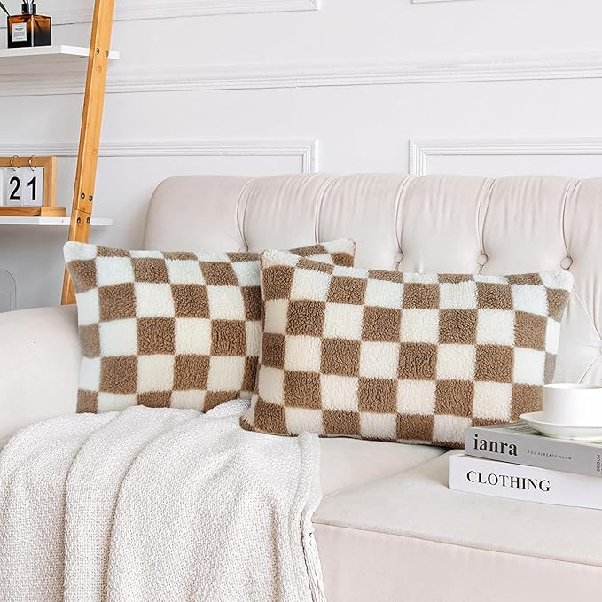 AmHoo Pack of 2 Decorative Throw Pillow Covers Checkerboard Luxury Super Soft Faux Fur Wool Set C... | Amazon (US)