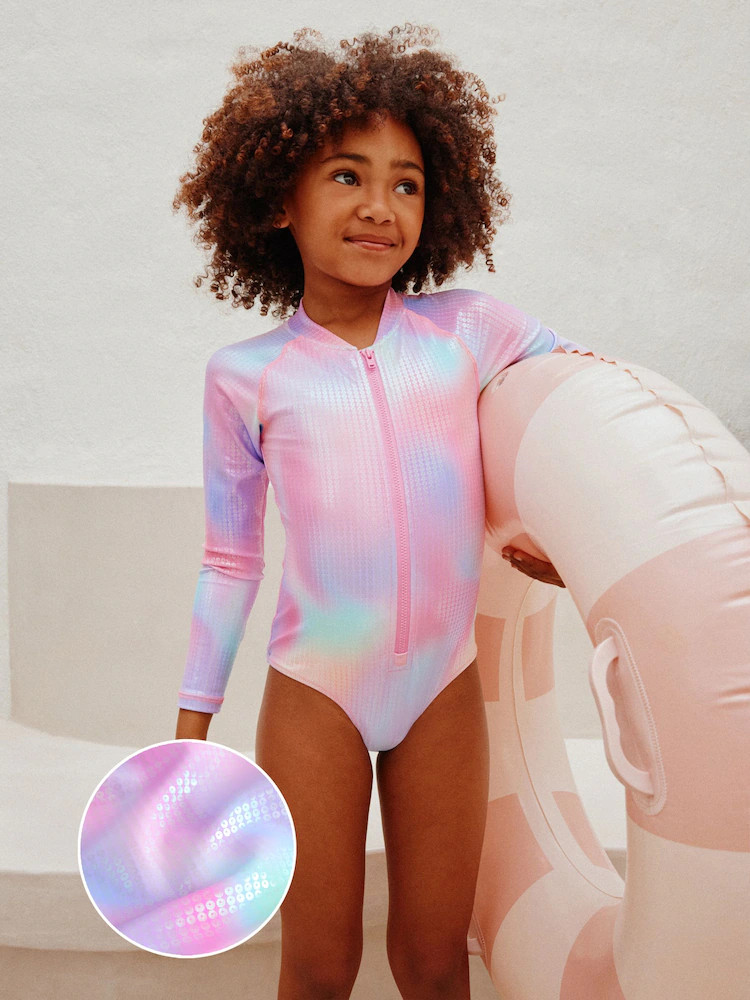 Pink Rainbow Foil Sequin Long Sleeve Sunsafe Swimsuit (3mths-16yrs) | Next US