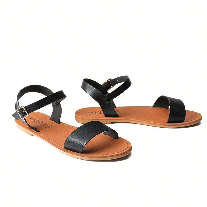 Women's Soft Faux Leather Open Toe And Ankle Strap Buckle Flat Sandals | SHEIN
