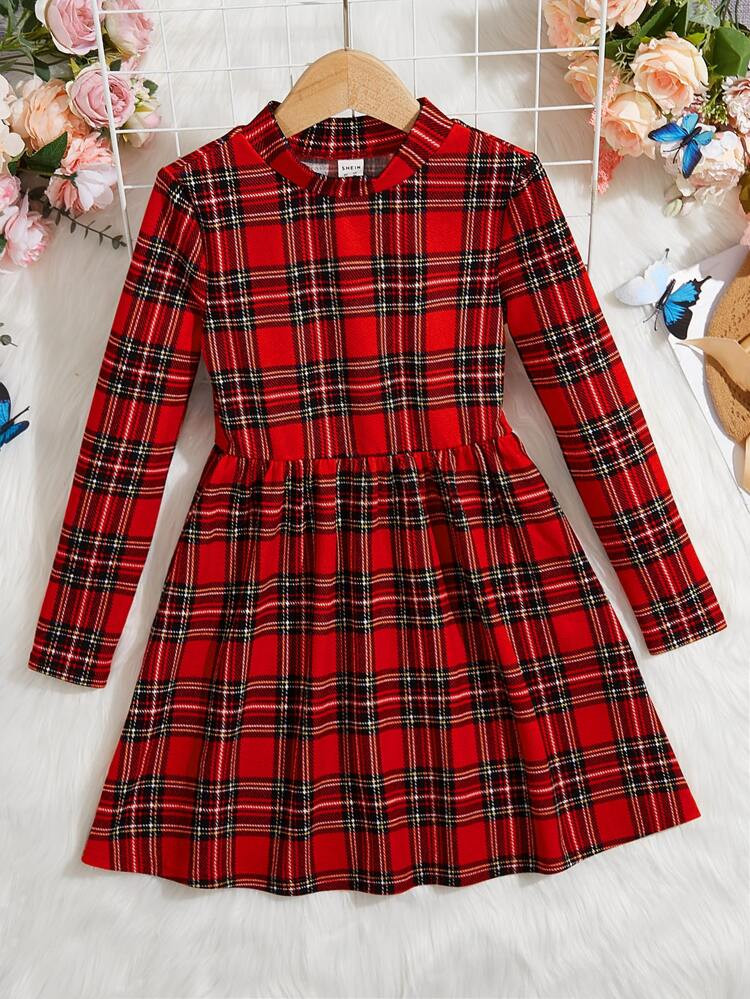 SHEIN Girls Plaid Mock Neck Dress | SHEIN