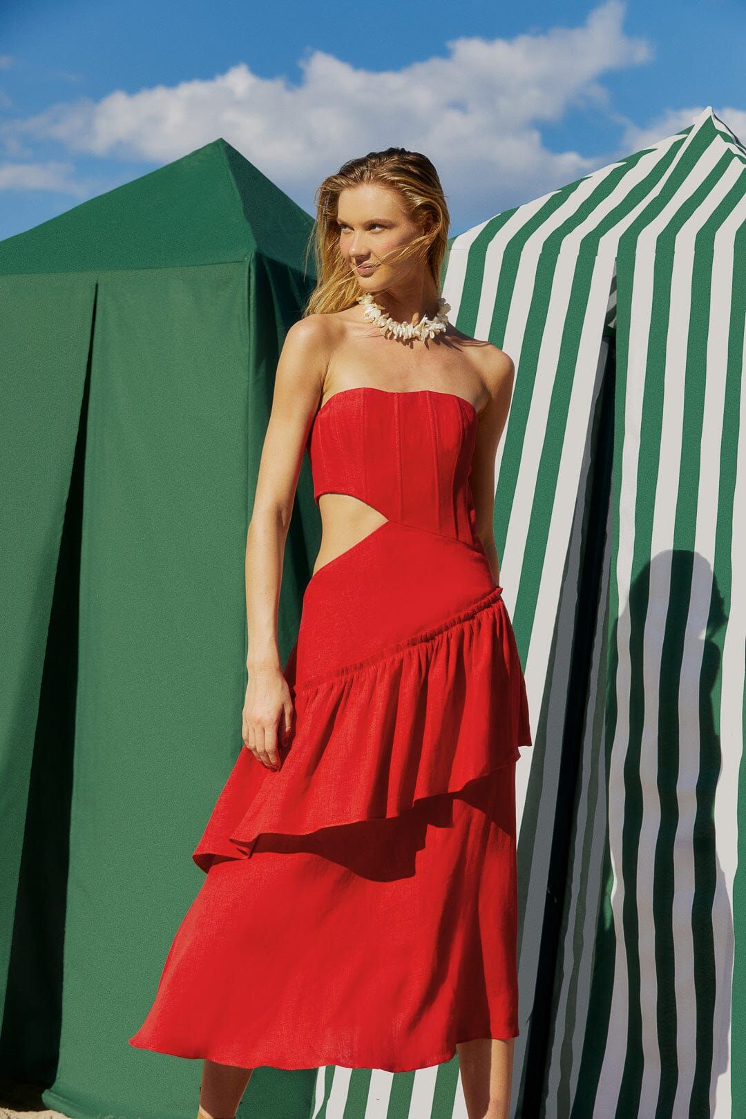 Red Cut Out Strapless Midi Dress | FarmRio
