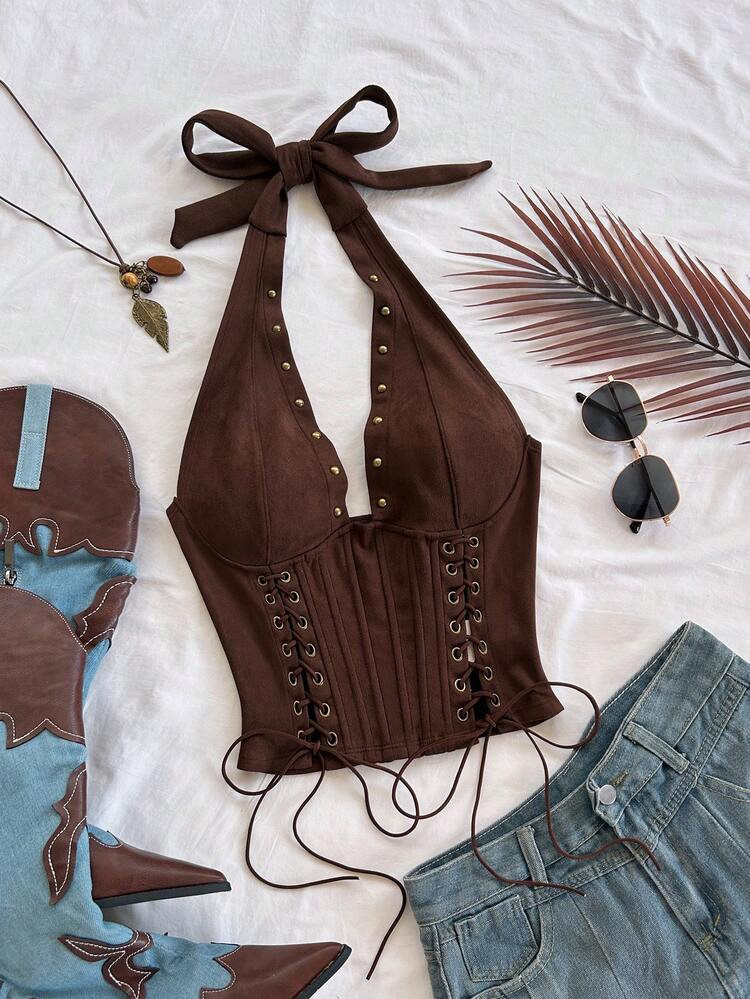 Soleia Summer Women's Sexy Backless Tie-Up Decorated V-Neck Sleeveless Top, Suitable For Holiday, Date, Afternoon Tea, Vacation, Music Festival, Bohemian Style, Beach, Autumn/Winter Lace Up Top Dark Brown Top Chocolate Brown Top Coffee Brown Top Spring Valentine's Day Beach Birthday Going Out For Women Elegant Casual Vacation | SHEIN