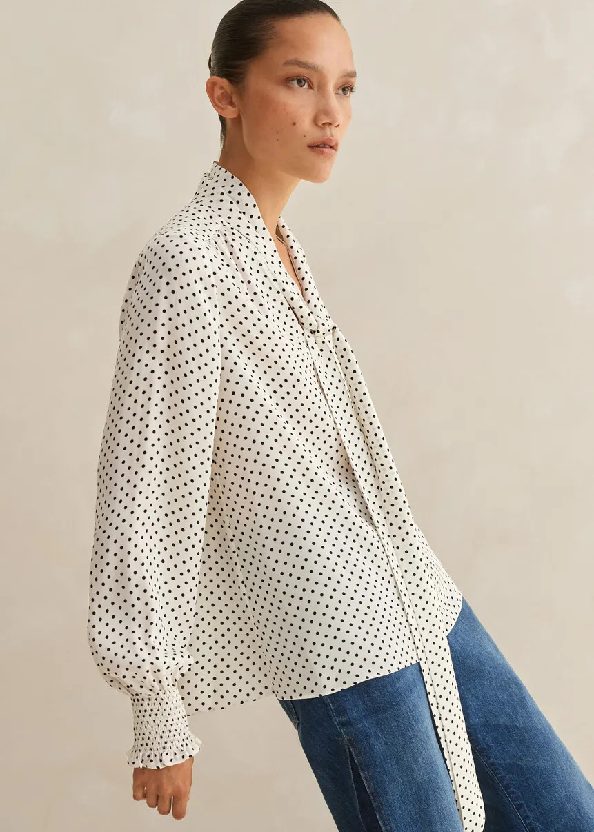 Silk Polka Dot Print Necktie Blouse | ME+EM US
