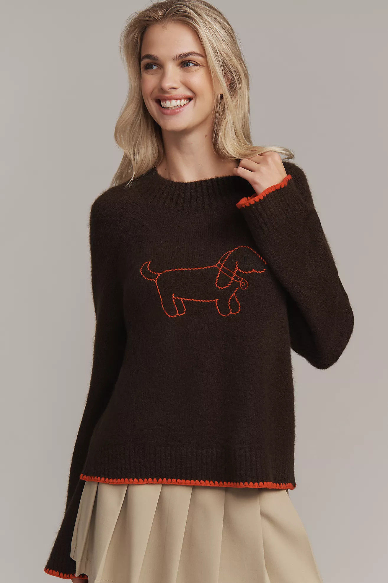 Flat White Mock-Neck Embroidered Dog Icon Sweater | Anthropologie (US)