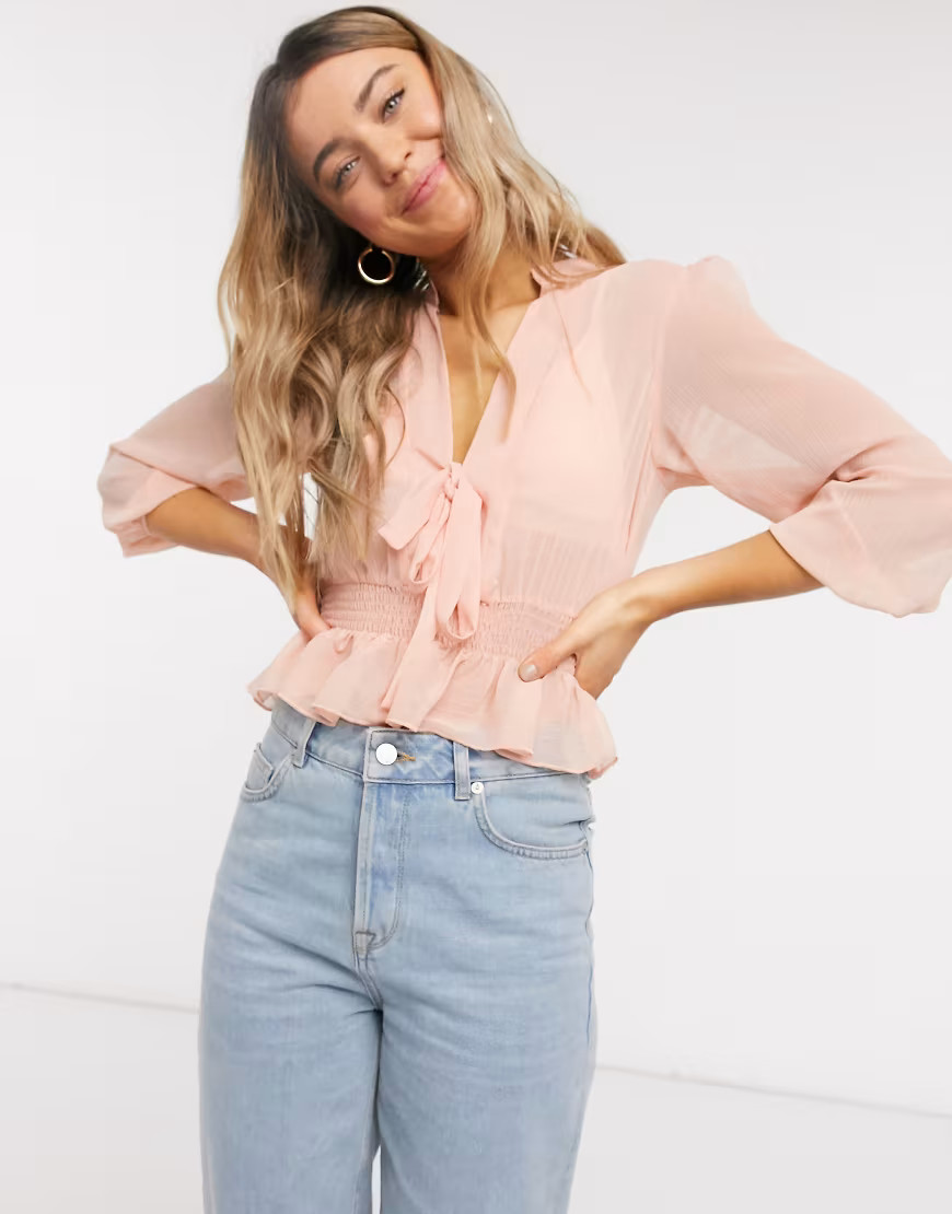 ASOS DESIGN long sleeve sheer top with shirred waist and tie detail-Pink | ASOS (Global)