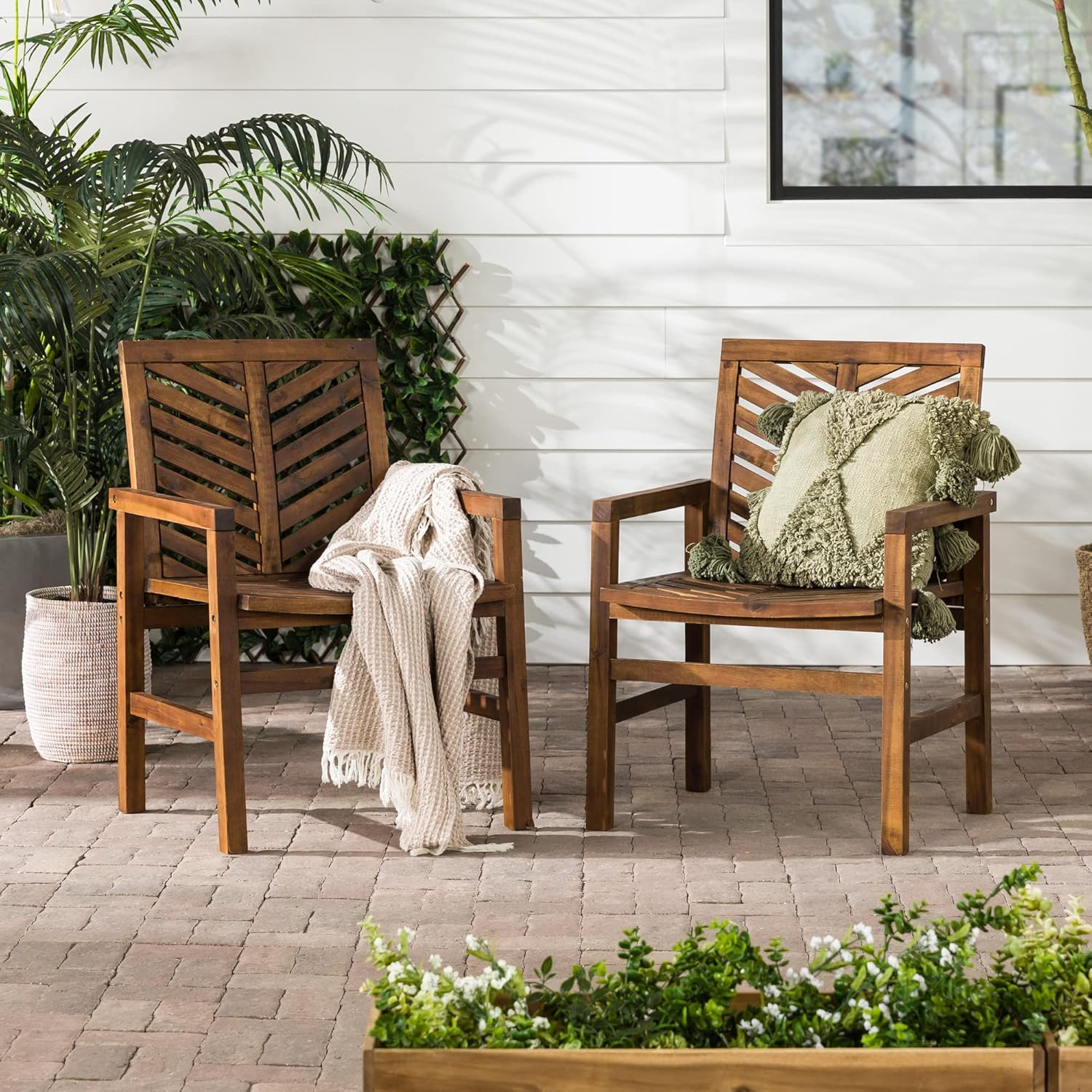 Walker Edison 2 Piece Outdoor Patio Chevron Wood Chair Set All Weather Backyard Conversation Gard... | Amazon (US)