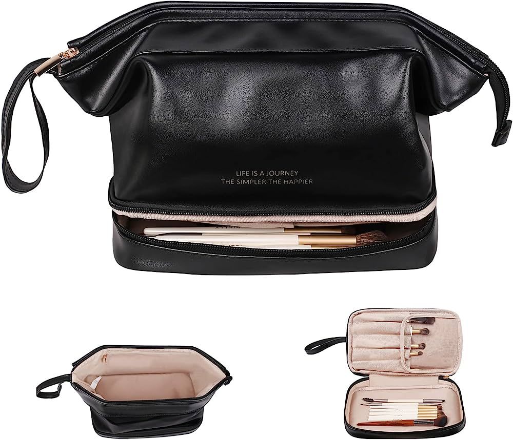 Large Makeup Bag,Double Layer Cosmetic Bag,Travel Makeup Bag,Leather Makeup Bag, Cosmetic Travel ... | Amazon (US)