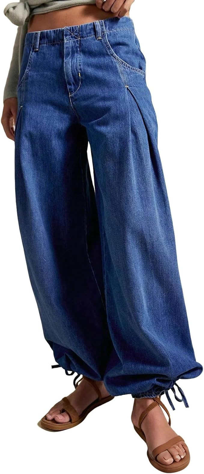 loveimgs Women Mid Rise Wide Leg Jeans Balloon Denim Pants Ankle Drawstring Baggy Tapered Leg Bar... | Amazon (US)