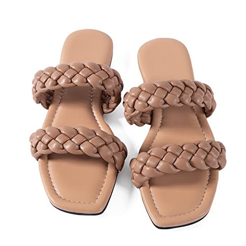 Mtzyoa Women Flat Sandals Braided Strap Dressy Summer Casual Vacation Boho Beach Goddess Slides Nude Size 9.5 Fashion Evening Party Wedding Leather Sandals | Amazon (US)