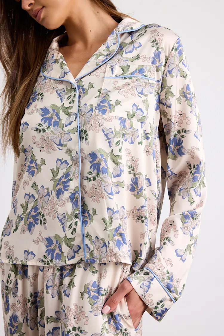 Galette Cream Multi Floral Satin Two-Piece Pajama Set | Lulus