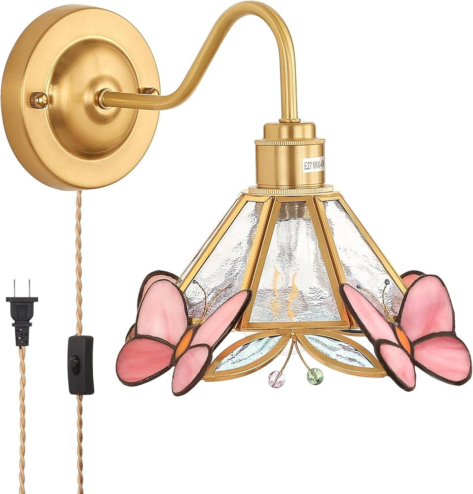 Tiffany Wall Sconce, Wall Lamps with Clear Pink Butterfly Sconce, Stained Glass Shade Brass Wall ... | Amazon (US)