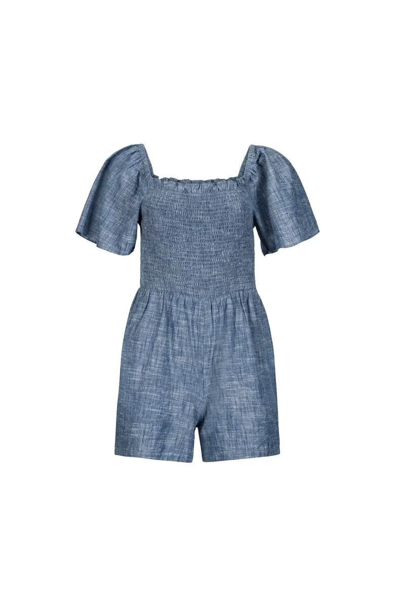 Women's Bell Sleeve Smocked Chambray Romper | Nordstrom