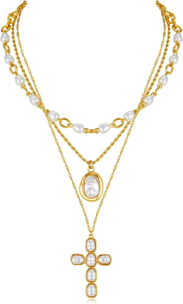 WOWORAMA Layered Pearl Cross Necklaces for Women Stackable Multi Pearl Strand Necklace Dainty Vin... | Amazon (US)