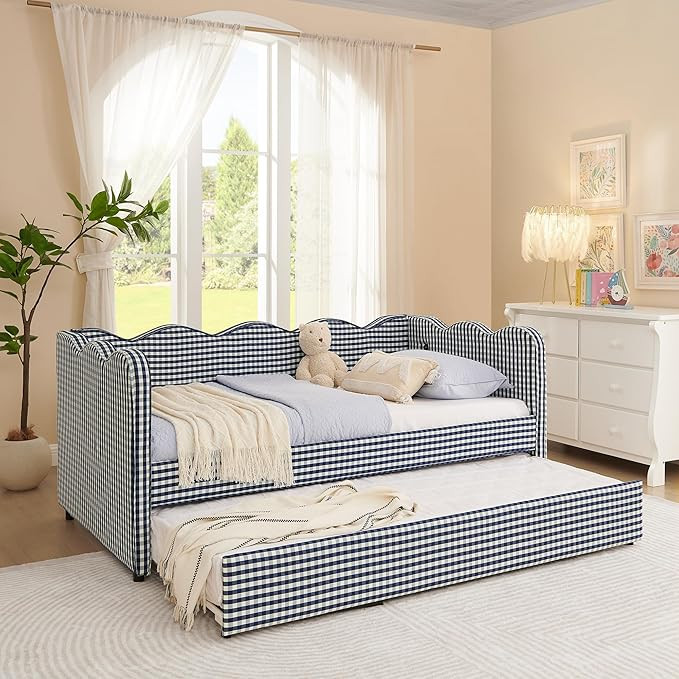 DEINPPA Twin Size Upholstered Daybed with Trundle, Gingham Daybed with USB Ports for Bedroom Livi... | Amazon (US)