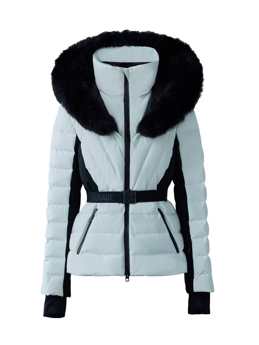 Elita Belted Down Ski Jacket With Shearling Hood | Saks Fifth Avenue