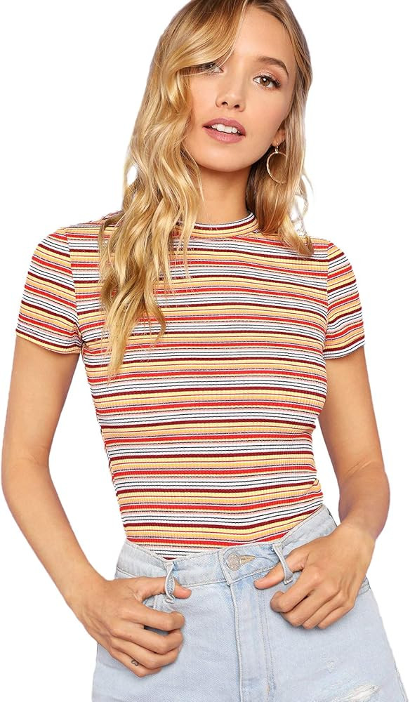 Milumia Women's Casual Multi Striped Ribbed Short Sleeve Solid Tee Knit Top | Amazon (US)