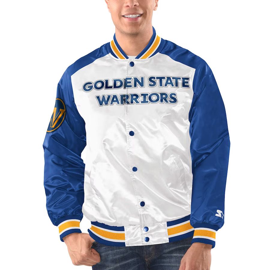 Golden State Warriors Starter Renegade Satin Full-Snap Varsity Jacket - White/Royal | Fanatics