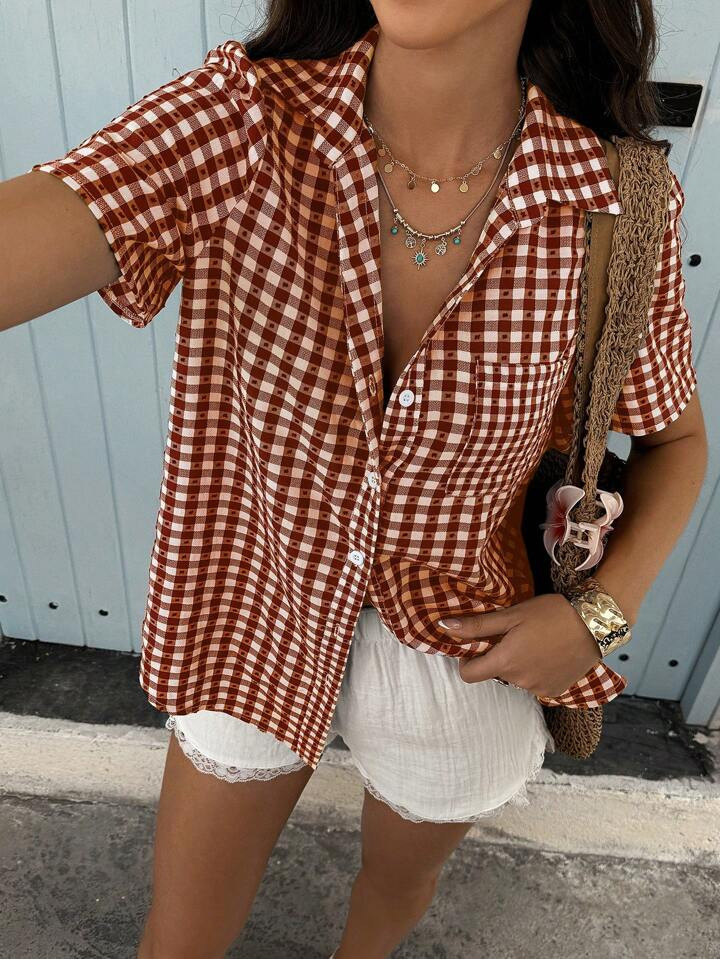 Breezaya Fashionable Vacation Style Women's Plaid Single-Breasted Short Sleeve Casual Shirt | SHEIN