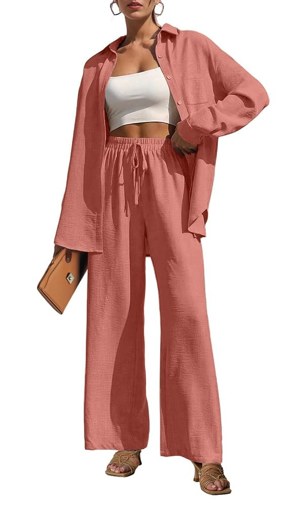 Lepunuo 2 Piece Outfits for Women Casual Lounge Sets Long Sleeve Button Down Shirts and Wide Leg ... | Amazon (US)