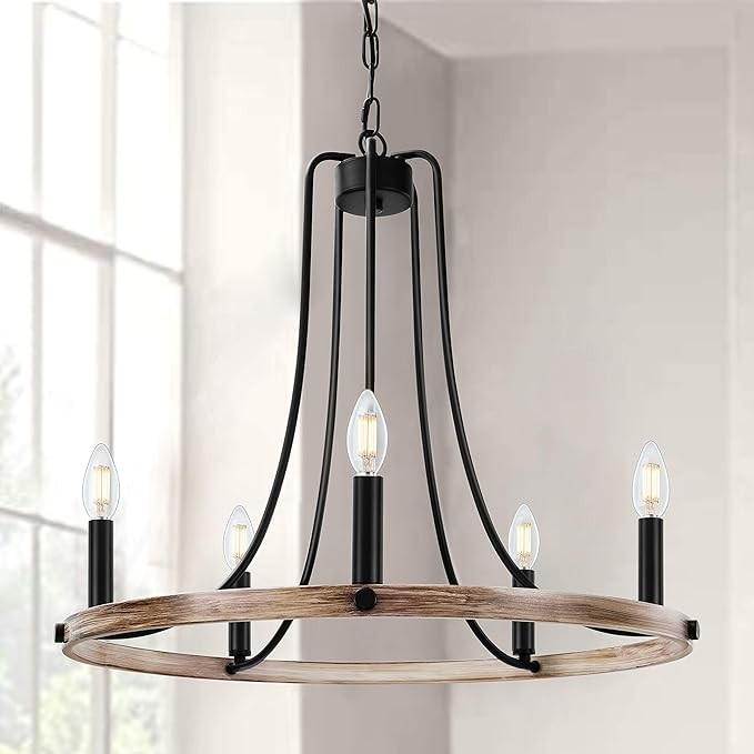 Wellmet Rustic Foyer Chandeliers, 5 Lights Modern Farmhouse Candle Wagon Wheel Chandelier, 23.6" ... | Amazon (US)