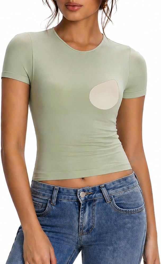 Abonlen Built in Bra T Shirts for Women Short Sleeve Crop Top Y2K Going Out Tops Fitted Basic Tee... | Amazon (US)