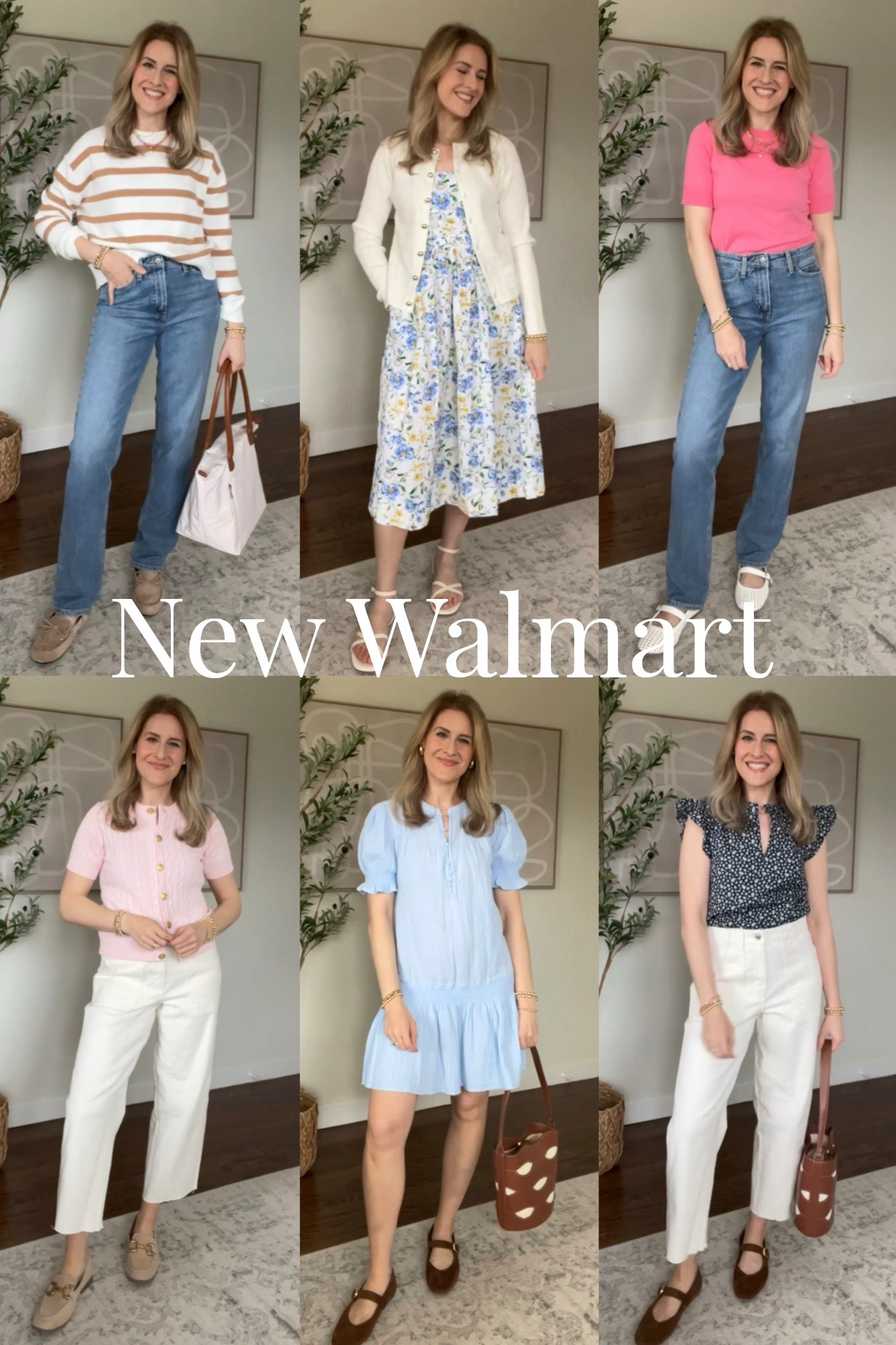 Walmart spring outfits! I’m a small in everything except the light link sweater with gold buttons sweater I went up to medium (runs small) and the stripe sweater I sized up to medium. Easter dress outfit #walmartfashion #walmartstyle 

#LTKOver40