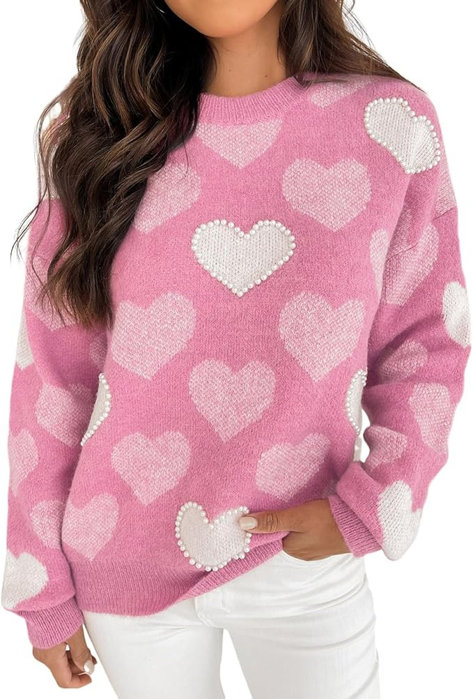 SELINK Women's Fuzzy Heart Sweater V Neck Pearl Drop Shoulder Casual Long Sleeve Valentines Sweat... | Amazon (US)
