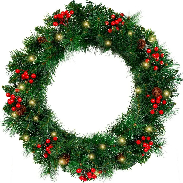 24" Pre-Lit Artificial Christmas Wreaths for Front Door Decorated with Pine Cones, Red Berries, F... | Walmart (US)