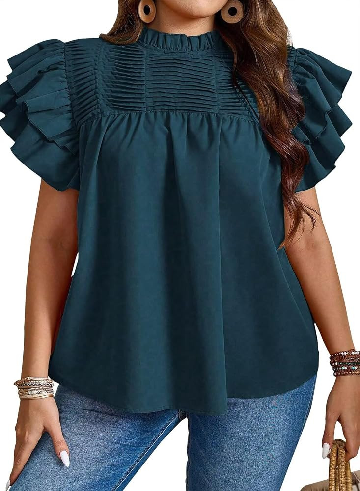 Falechay Womens Summer Tops Plus Size Ruffle Sleeve Pleated Shirts XS-6XL | Amazon (US)