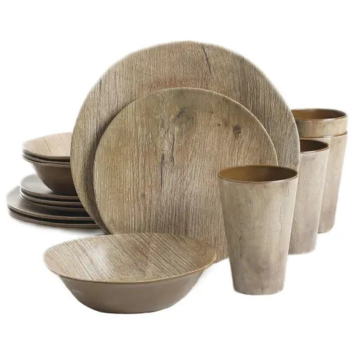 Gibson Elite Woodlands 16 Piece Melamine Wood Grain Decal Dinnerware Set in Brown at Nordstrom | Nordstrom