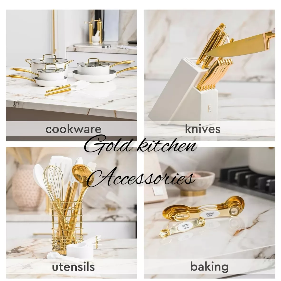 Gold Cooking Utensils with Gold Measuring Cups and Spoons Set - 23 Piece  Luxe White and Gold Kitchen Accessories Include Gold Metal Measuring Cups  and