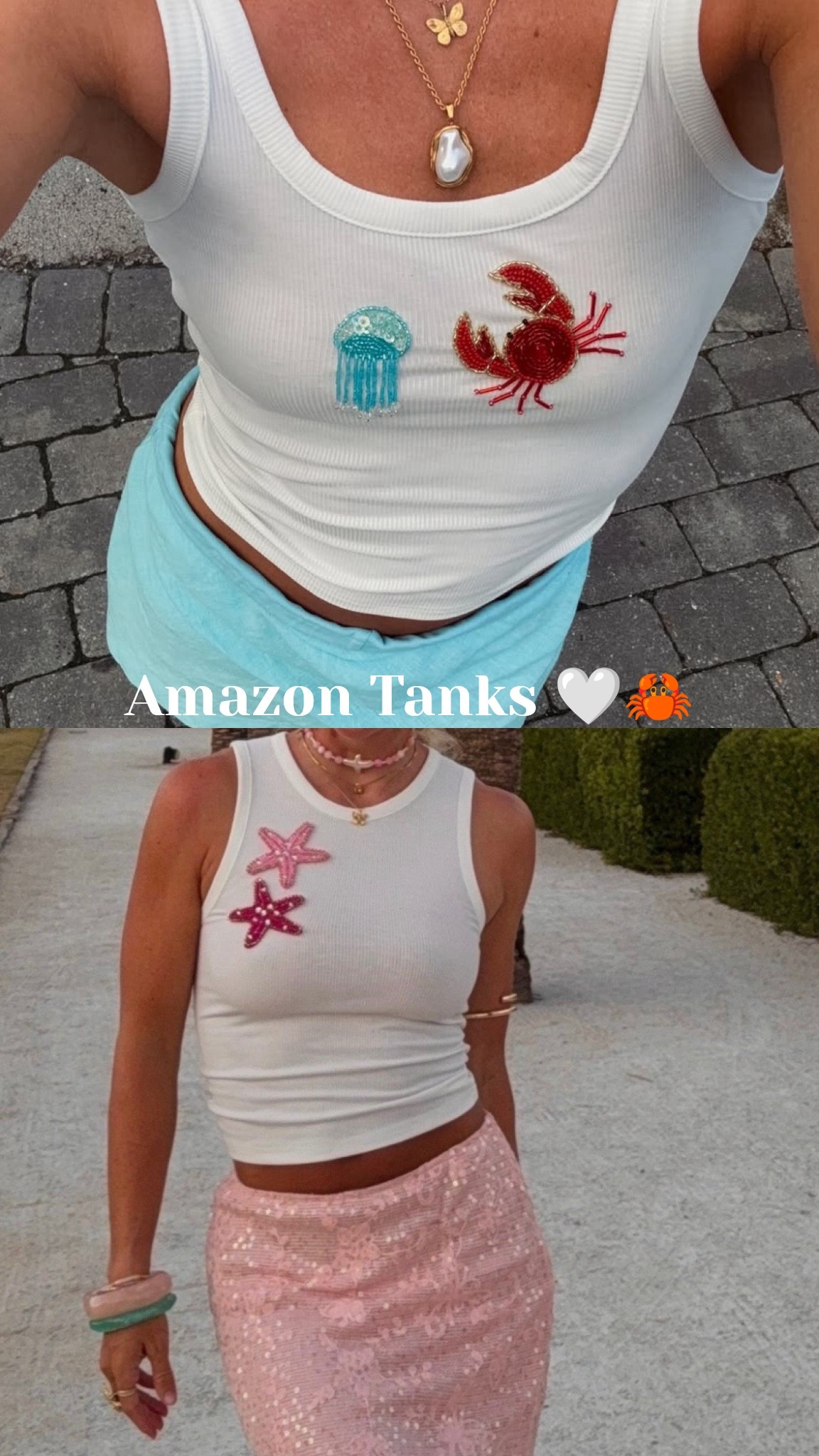 The cutest embellished tanks from Amazon! Perfect for a beach vacay 🩵🦀
