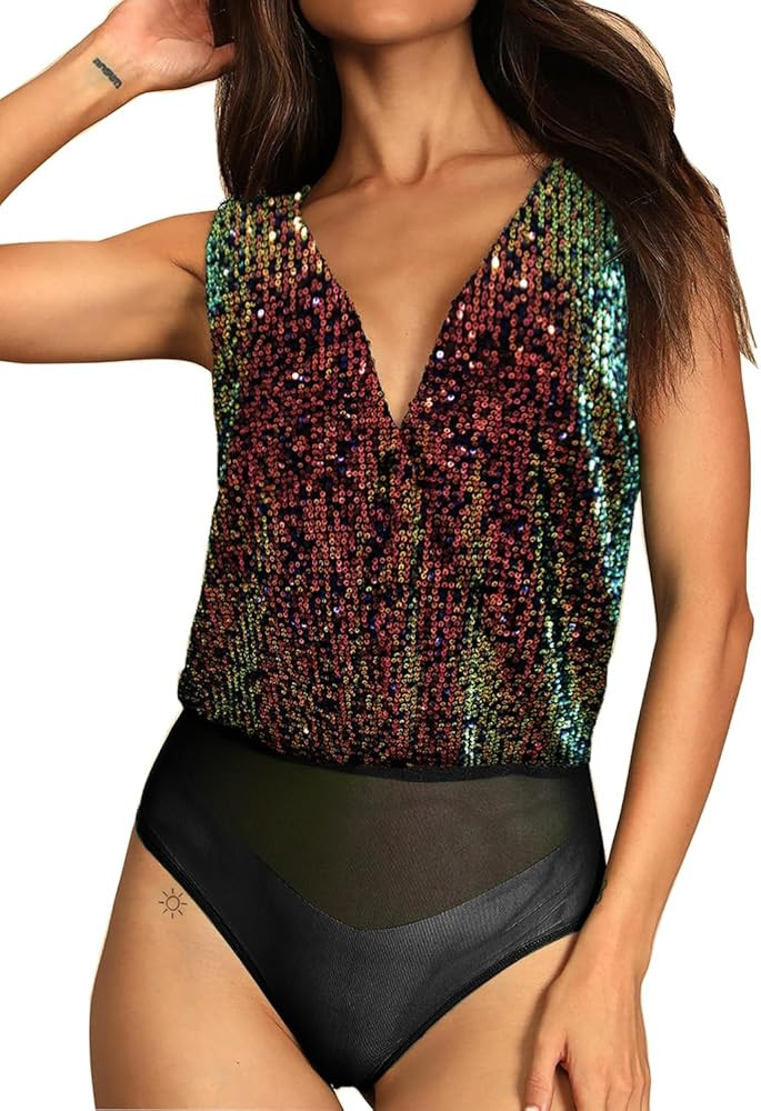 Cresay Women Sequin Sparkly Tops Bodysuit Sleeveless Tank Top Deep V Cowl Back Sexy Vest | Amazon (US)