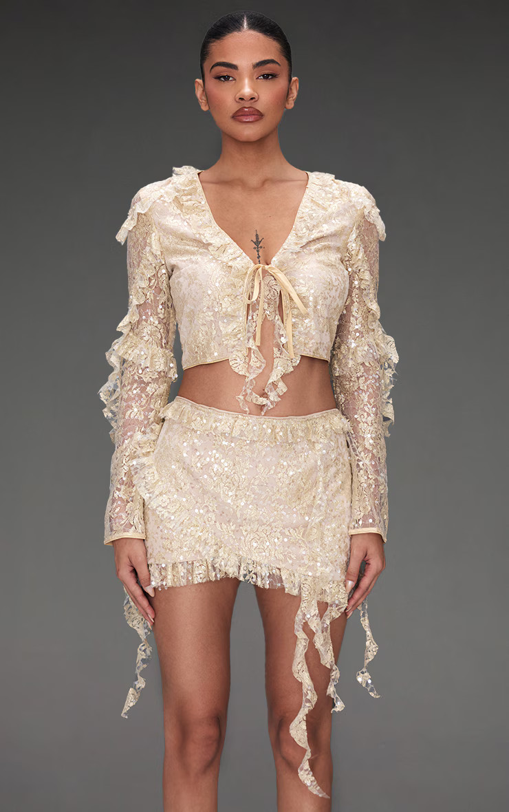 Champagne Sequin Lace Ruffle Detail Tie Front Blouse | PrettyLittleThing US